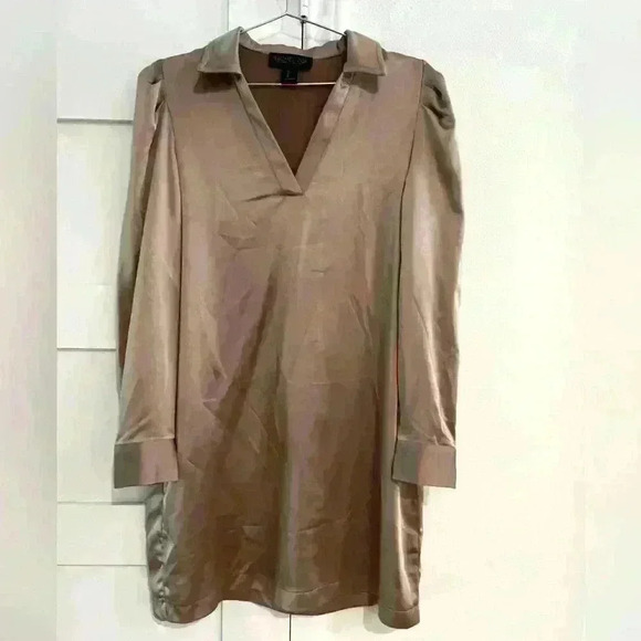 Rachel Zoe Champagne Satin Long Sleeve V Neck Shift Dress- Size Small- EUC - Picture 1 of 6